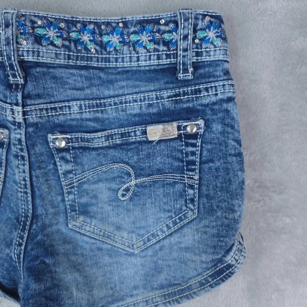 Justice Premium Denim Shorts Girls‎ 12S Blue Embroidered Rhinestone Y2K Boho